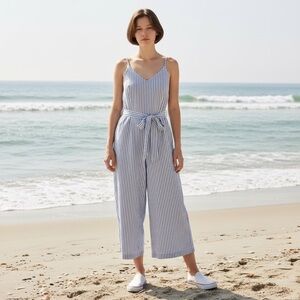 Vitamin A 100% Linen Jumpsuit Overalls Women Medium Blue White Relaxed Oversized